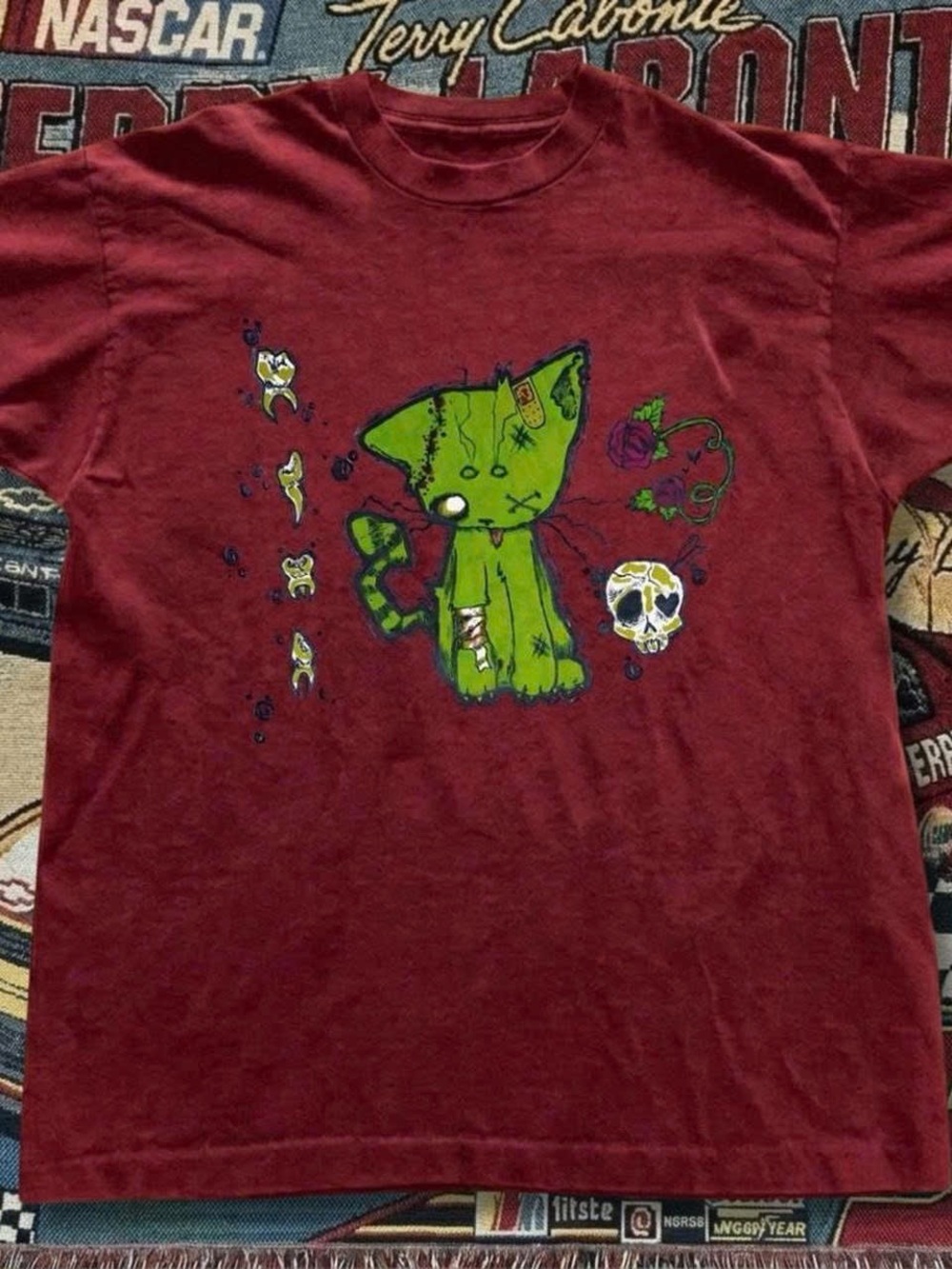 Gildan Red Tee with Neon Green Cat Graphic